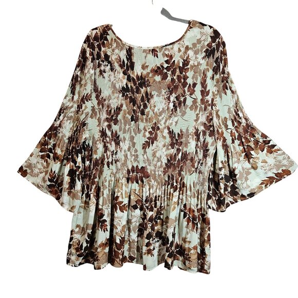 Catherines Womens 4X Brown Leaf Print Pleated Blouse Crochet Neck bell sleeves - Picture 2 of 15
